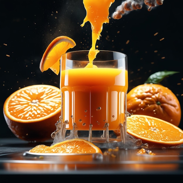 El delicioso jugo de naranja flotante es una bebida refrescante y vigorizante con un brillo cítrico