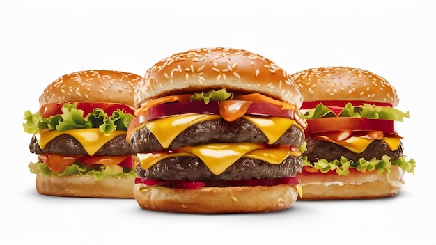 Delicioso y jugoso conjunto de hamburguesas aisladas sobre un fondo blanco de comida rápida