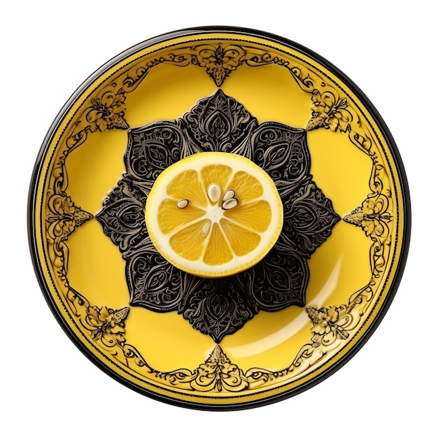 El delicioso y jugoso limón se encuentra en un hermoso plato generado por Ai