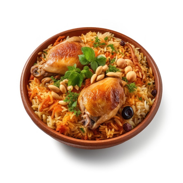 Delicioso Kabsa da Arábia Saudita com frango e arroz em uma tigela sobre fundo branco Generative AI