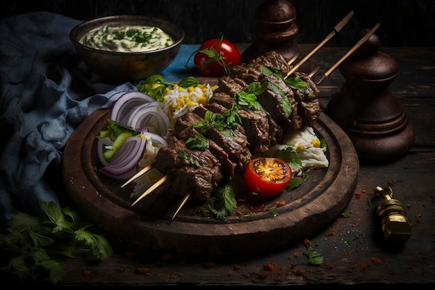Delicioso kebab de carne en tabel de madera oscura con algunos ingredientes alimentarios