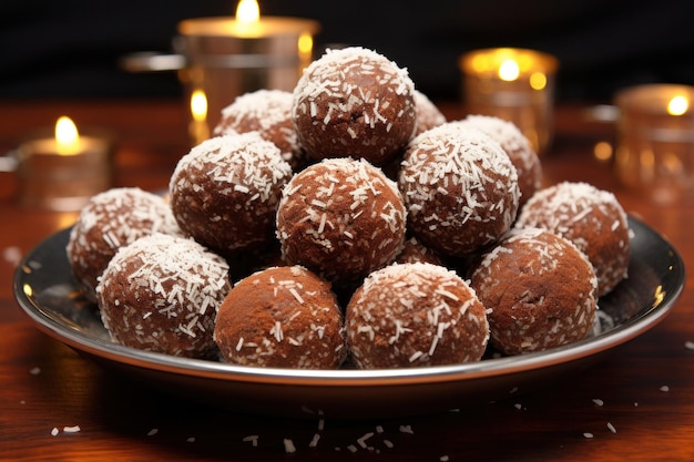 Delicioso laddu de chocolate servido en un plato dulce indio