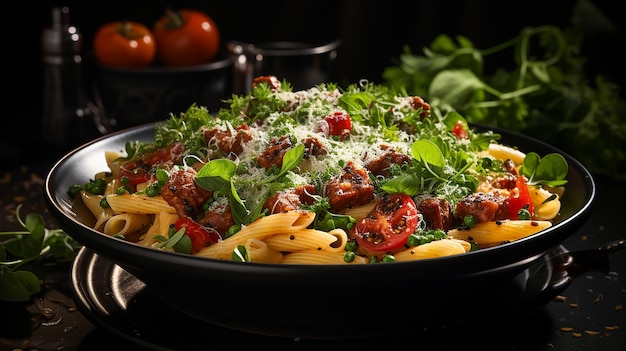 Delicioso Macarrão Penne ao Molho de Tomate com Carne Tomate e Decoração