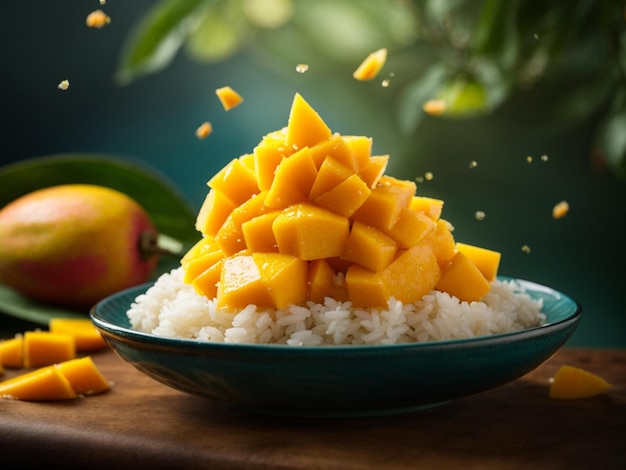 Foto delicioso mango tailandés arroz pegajoso aroma dulce de mangos maduros y leche de coco postre comida fotogr