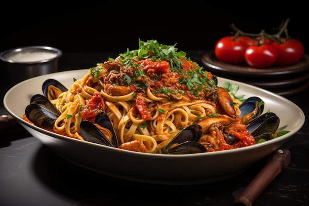 Delicioso mariscos fettuccine auténtico plato italiano