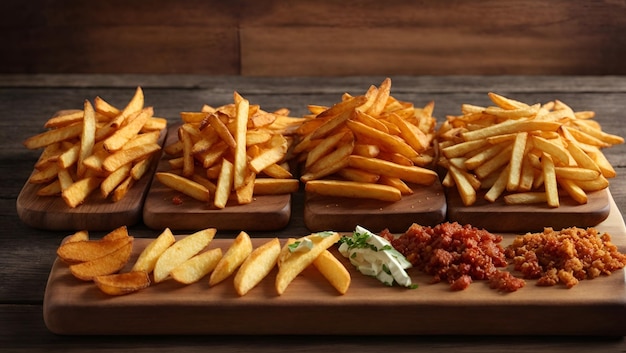 Un delicioso montón de patatas fritas doradas sobre una tabla de cortar de madera rústica