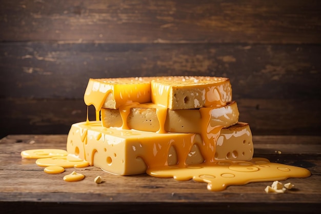 Un delicioso montón de queso derretido sobre una mesa de madera y un fondo de madera