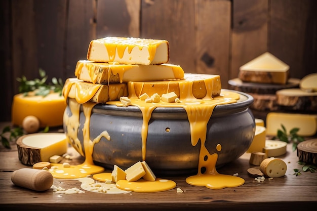 Un delicioso montón de queso derretido sobre una mesa de madera y un fondo de madera