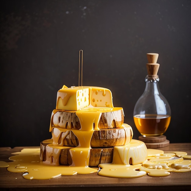 Un delicioso montón de queso derretido sobre una mesa de madera y un fondo de madera