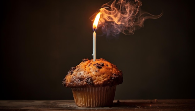 un delicioso muffin fresco con una vela en llamas en la varita