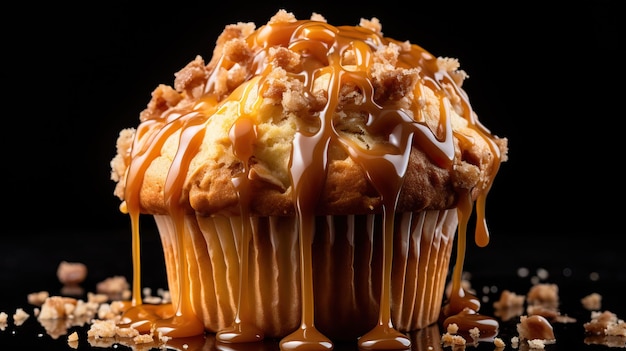 Foto delicioso muffin de manzana con crema de caramelo aislado sobre fondo negro