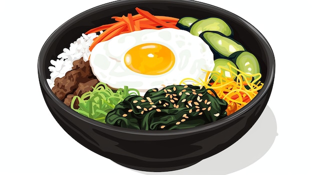 Foto un delicioso y nutritivo plato coreano llamado bibimbap se hace con arroz, verduras, carne y un huevo frito