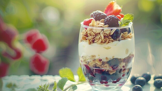 Foto delicioso y nutritivo yogur de bayas con granola