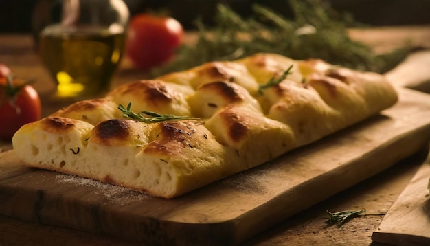 Delicioso pan de focaccia italiano en una tabla de cortar de madera comida sabrosa