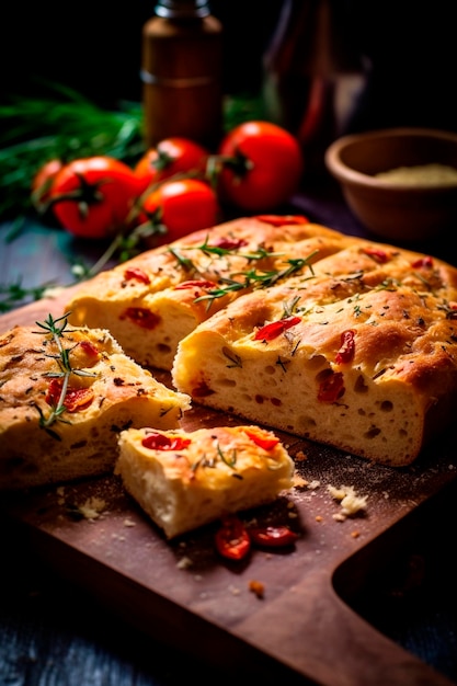 Delicioso pan de focaccia italiano en una tabla de cortar de madera Generativo Ai
