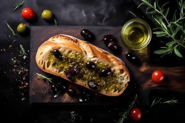 Delicioso pan italiano de ciabatta infundido con hierbas y aceite de oliva IA generativa