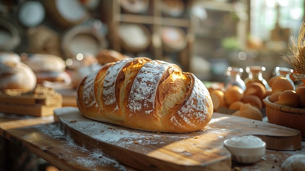 Delicioso pan de panadería en una rústica mesa de madera