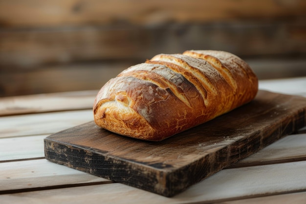 Delicioso pan sentado en una tabla de madera rústica para exhibir