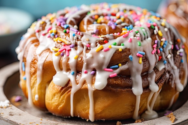 Delicioso panecillo de canela rociado con glaseado y cubierto con chispas