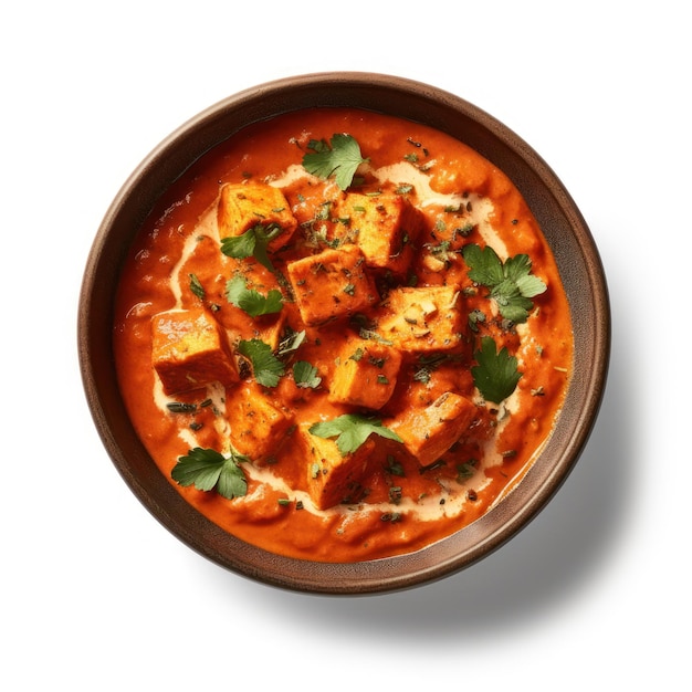 Delicioso Paneer indio Tikka Masala en un tazón sobre fondo blanco IA generativa