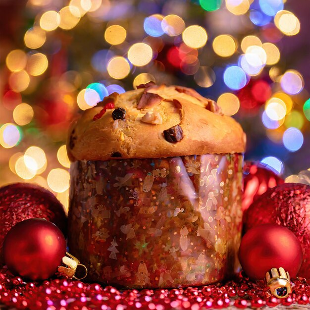 Delicioso panettone y adornos navideños.