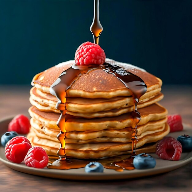 Delicioso panqueque con miel y frutas