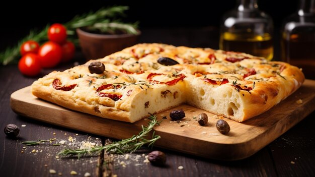 Foto delicioso pão de focaccia italiano numa tábua de corte de madeira