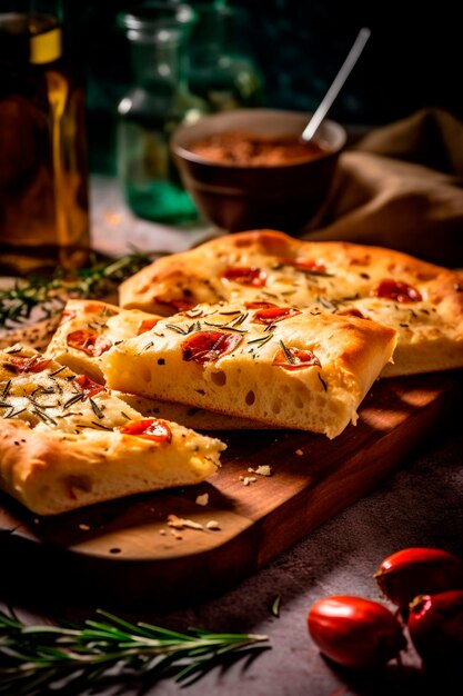 Delicioso pão italiano focaccia em uma tábua de corte de madeira Generative Ai