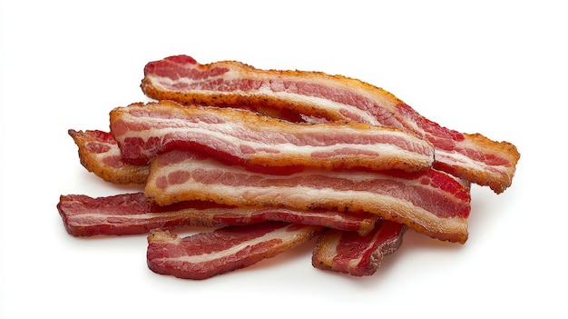 Delicioso paquete de tocino crujiente aislado sobre un fondo blanco que enfatiza su textura tentadora y su atractivo delicioso