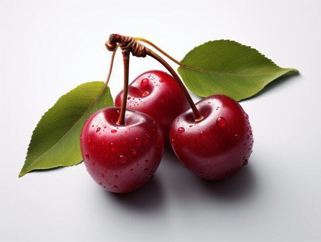 Delicioso par de cerezas con hojas sobre un fondo brillante IA generativa