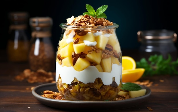 Delicioso parfait de granola de iogurte com nozes fatiadas e IA generativa de pinho fresco