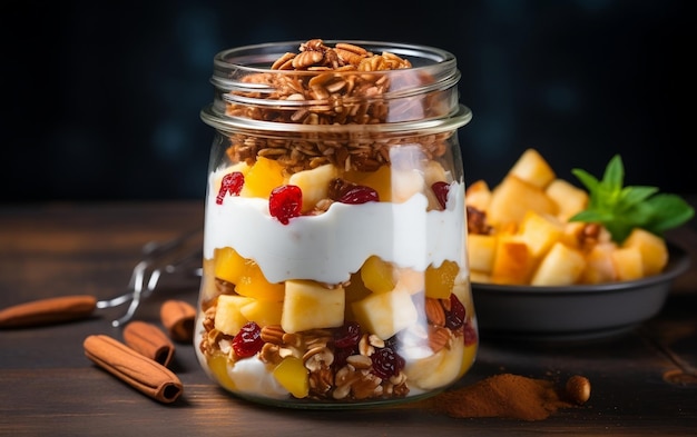 Delicioso parfait de granola de yogur con nueces rebanadas y IA generativa de pino fresco