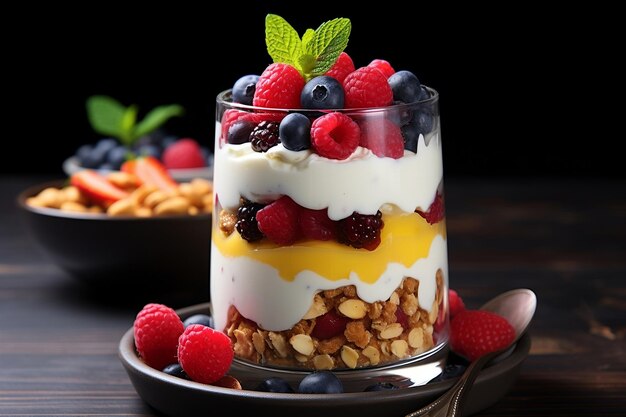 Delicioso parfait de yogur cubierto con granola y nueces en rodajas Generative Ai