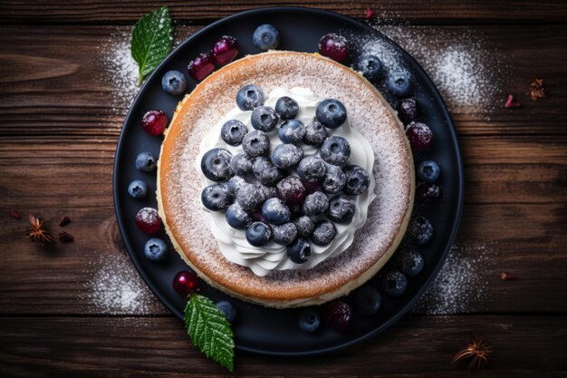 Foto delicioso pastel de arándano cubierto de azúcar en polvo sobre un fondo de madera rústico capturado de un aturdimiento