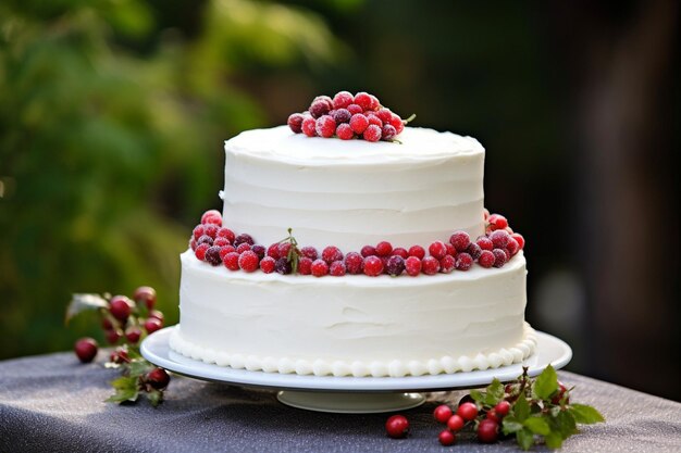 Delicioso pastel de boda blanco con bayas rojas