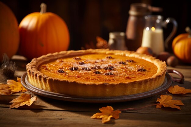 Foto delicioso pastel de calabaza casero con especias sobre una mesa rústica de madera