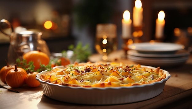 Delicioso pastel de calabaza en la mesa en la cocina de primer plano cena de Acción de Gracias