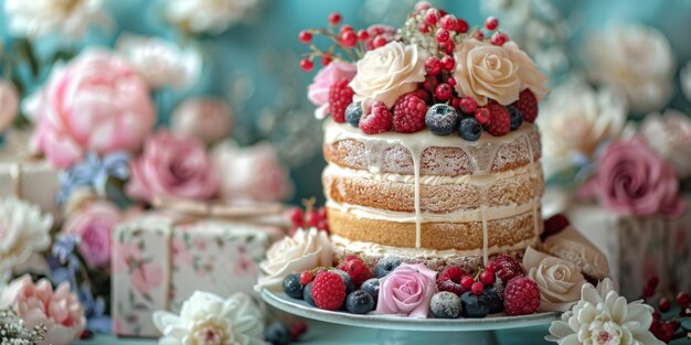 Delicioso pastel de capa de bayas en una mesa decorada con flores