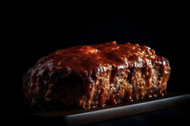 Delicioso pastel de carne al horno sobre una mesa de madera con salsa sobre fondo negro