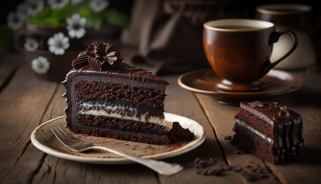 Delicioso pastel casero de chocolate negro y una taza de café humeante sobre una mesa de madera