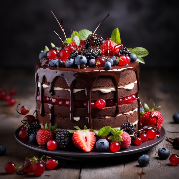 Delicioso pastel de chocolate con bayas en la mesa contra un fondo negro