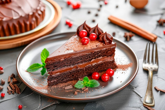 Delicioso pastel de chocolate casero con bayas sobre un fondo oscuro