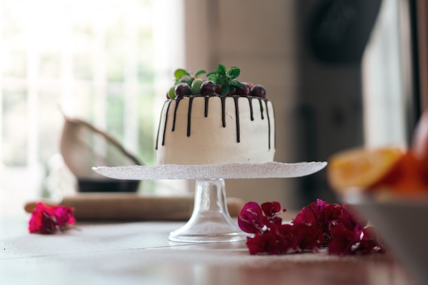 Delicioso pastel de chocolate casero con frutas