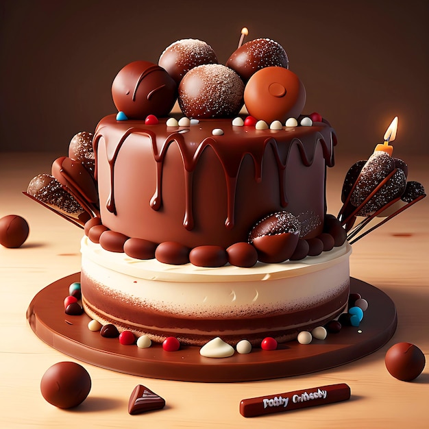 Delicioso pastel de chocolate de cumpleaños con flores
