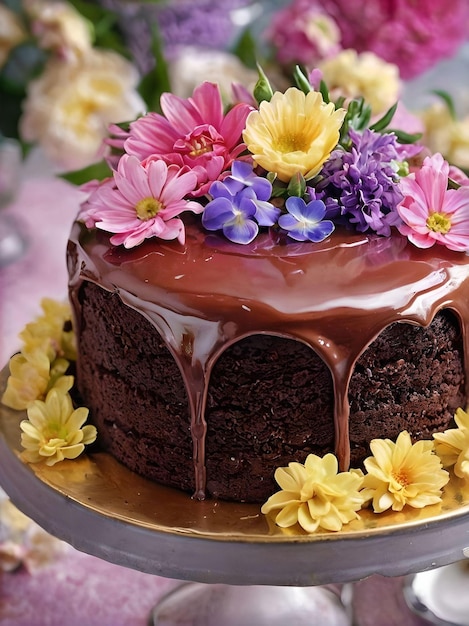 Delicioso pastel de chocolate con flores