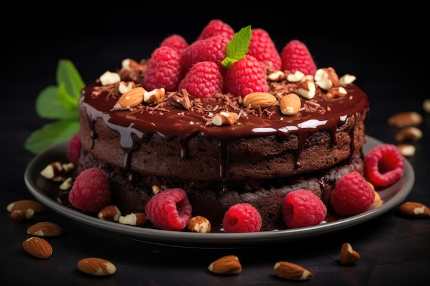 Delicioso pastel de chocolate con frambuesas y nueces decorado con hojas de menta