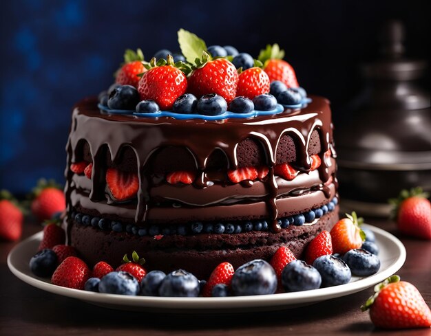 Foto delicioso pastel de chocolate infundido con fresas y arándanos