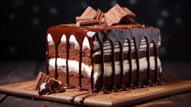 Delicioso pastel de chocolate en una mesa de madera de primer plano Delicioso postre