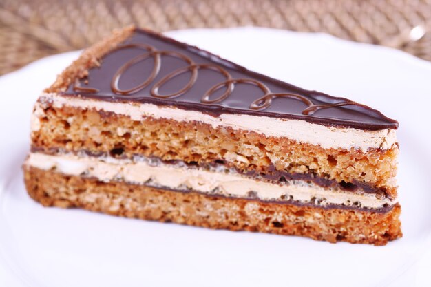 Delicioso pastel de chocolate en la placa en primer plano de la mesa