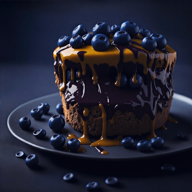 Delicioso pastel de crema y arándanos con Springles de chocolate y fotografía de comida goteando caramelo